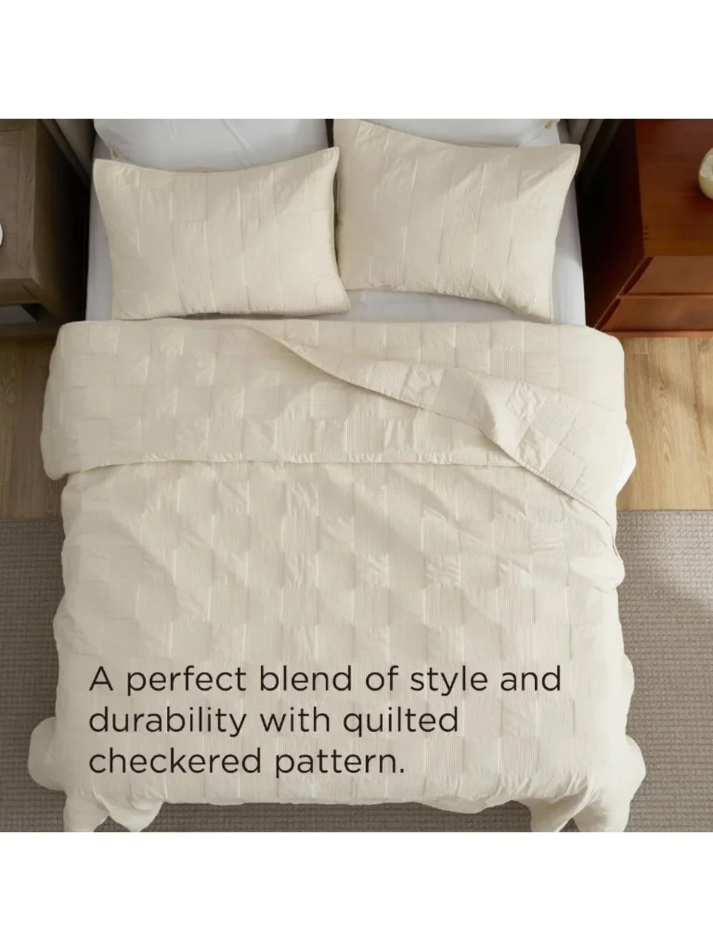 100% Cotton King Quilt Set, Checker Pattern, Soft Beige Comforter for Cozy